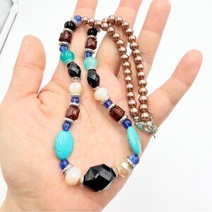 Multicolor Beaded Necklace Faux Turquoise Brown Pearl Boho Statement